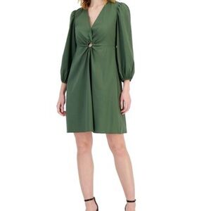 INC International Concepts Olive Green V‑Neck Mini Dress with Ring Detail